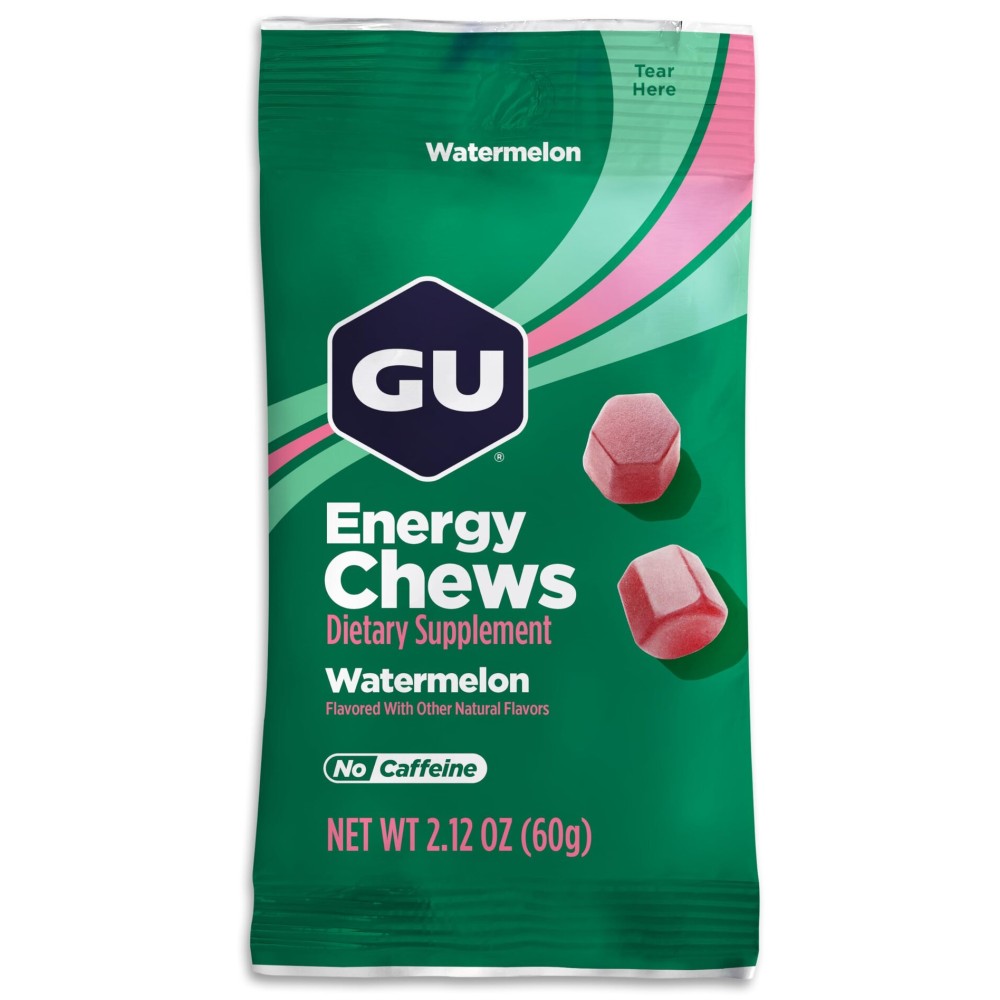 GU Energy Chews, Watermelon Energy Gummies with Electrolytes, Vegan, Gluten-Free, Kosher, Caffeine-Free, and Dairy-Free On-The-Go Energy for Any Workout, 12 Bags (24 Servings Total)