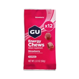 GU Energy Chews, Strawberry Energy Gummies with Electrolytes, Vegan, Gluten-Free, Kosher, 20 mg of Caffeine, and Dairy-Free On-the-Go Energy for Any Workout, 12 Bags (24 Servings Total)