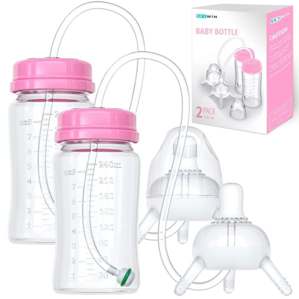 TidyFriend Anti-Colic Baby Bottle for Breastfeeding Babies 8oz, 2 Pack Baby Bottle with Straw for Convenient Feeding (Pink)