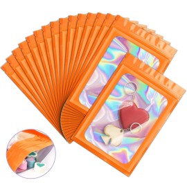 100 Pieces Smell Proof Mylar Resealable Bags, Holographic Packaging Bags, Resealable Odor Foil Pouch Zip Bags with Clear Window for Food Storage and Lipgloss, Jewelry Lash (Orange, 3.5 x 6.3 Inch)