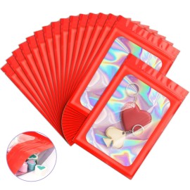 100 Pieces Smell Proof Mylar Bags, Holographic Packaging Bags, Resealable Odor Foil Pouch Zipper Bag with Clear Window for Food Storage and Lipgloss, Jewelry Lash (Red, 3 x 4.7 Inch)