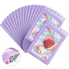 100 Pack Holographic Mylar Bags, Packaging Bags, Clear Window Resealable Odor Foil Pouch Bag for Food Storage and Lipgloss, Jewelry Lash (Purple, 4 x 6 Inch)