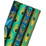 WRAPAHOLIC 30 Inch Peacock Christmas Wrapping Paper Roll - Jumbo Roll Green Peacock Elements Patterns with Metallic Foil Shine - 4 Rolls - 30 Inch x 120 Inch Per Roll