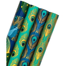 WRAPAHOLIC 30 Inch Peacock Christmas Wrapping Paper Roll - Jumbo Roll Green Peacock Elements Patterns with Metallic Foil Shine - 4 Rolls - 30 Inch x 120 Inch Per Roll
