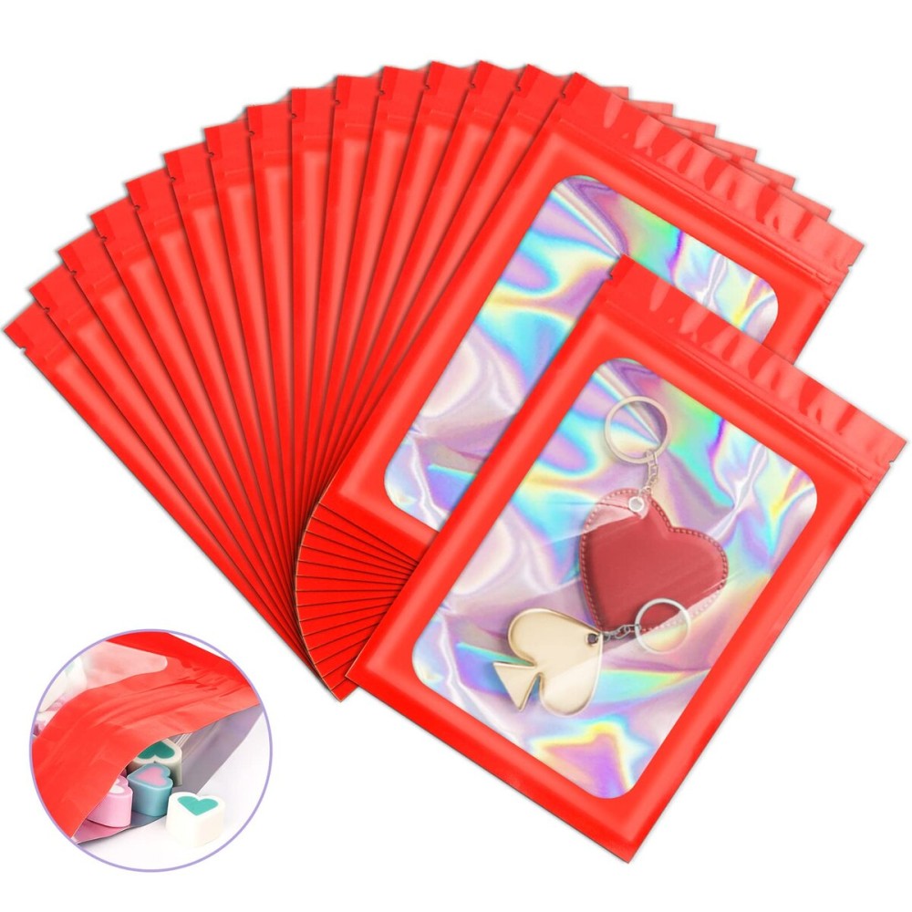100 Pieces Smell Proof Mylar Resealable Bags, Holographic Packaging Bags, Resealable Odor Foil Pouch Zip Bags with Clear Window for Food Storage and Lipgloss, Jewelry Lash (Red, 4.3 x 7.5 Inch)