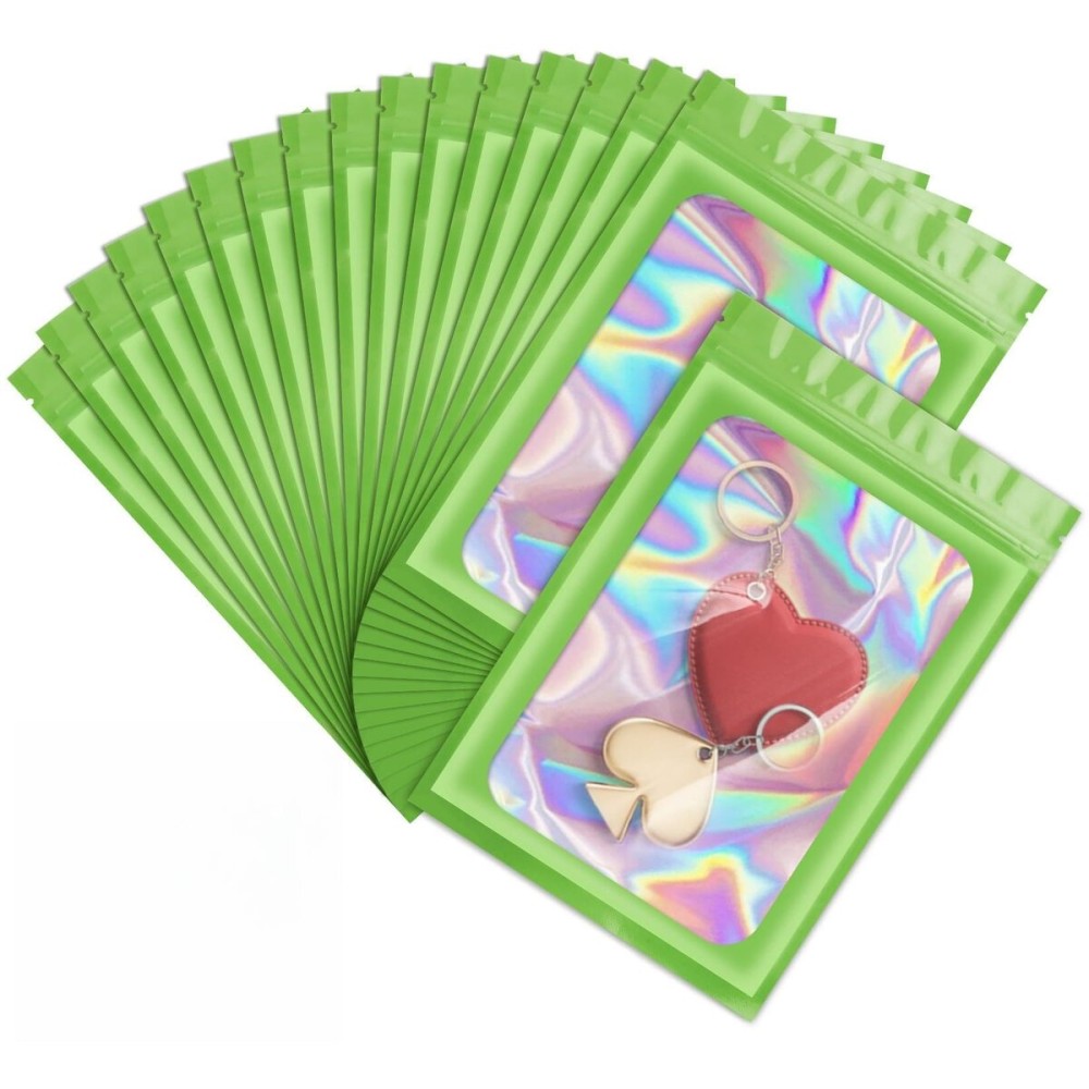100 Pieces Smell Proof Mylar Bags, Holographic Packaging Bags, Resealable Odor Foil Pouch Zipper Bag with Clear Window for Food Storage and Lipgloss, Jewelry Lash(Green, 6.3 x 9.4 Inch)