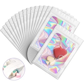 100 Pack Holographic Bags, Smell Proof Packaging Bags, Clear Window Resealable Odor Foil Pouch Mylar Bag for Food Storage and Lipgloss, Jewelry Lash (White, 3 x 4.7 Inch)