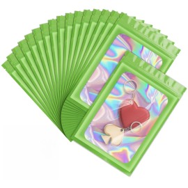 100 Pieces Smell Proof Mylar Resealable Bags, Holographic Packaging Bags, Resealable Odor Foil Pouch Zipper Bag with Clear Window for Food Storage and Lipgloss, Jewelry Lash (Green, 3.5 x 6.3 Inch)