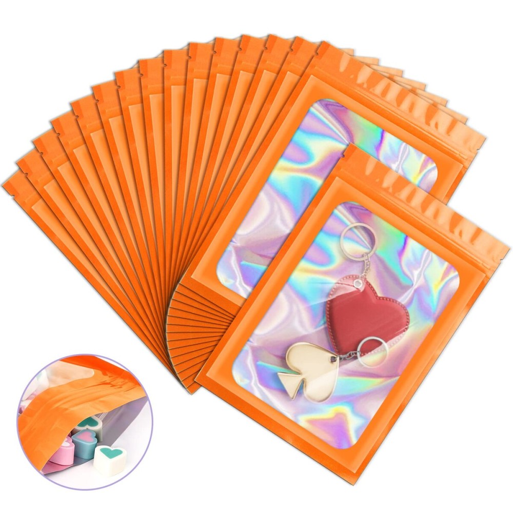 100 Pieces Resealable Mylar Resealable Bags, Holographic Packaging Bags, Odor Foil Pouch Zip Bag with Clear Window for Food Storage and Lipgloss, Jewelry Lash (Orange, 4.3 x 7.5 Inch)