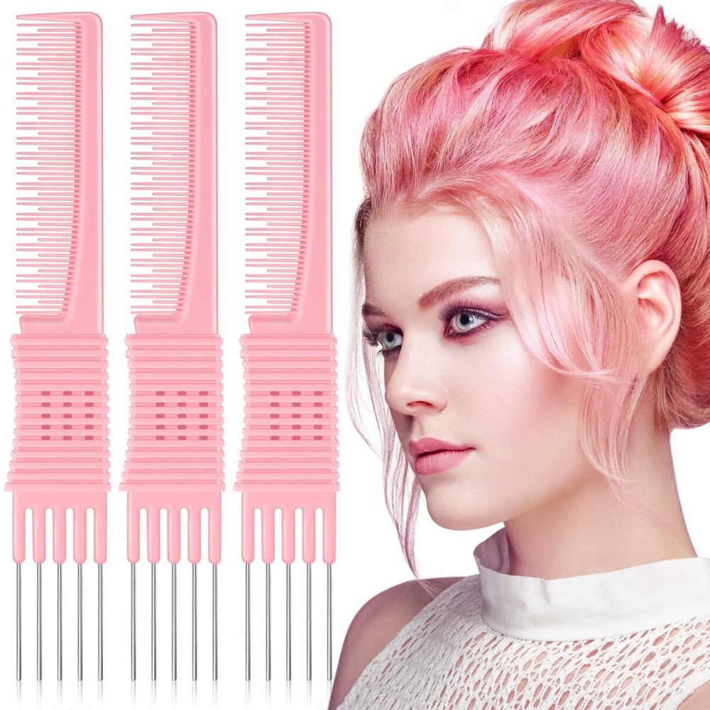 Leinuosen 3 Pack Carbon Lift Teasing Combs with Metal Prong, Hair Pick Comb for Women Hair Styling(Pink)