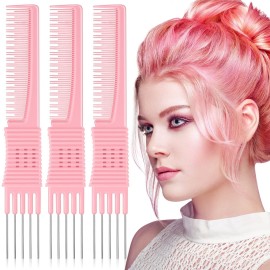 Leinuosen 3 Pack Carbon Lift Teasing Combs with Metal Prong, Hair Pick Comb for Women Hair Styling(Pink)