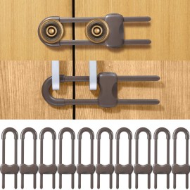 Jetec 10 Pieces Cabinet Locks for Babies, U-Shaped Proofing Drawers Safety Child Locks Adjustable, Easy to Use Childproof Latch for Knob Handle on Kitchen Door Storage Cupboard Closet (Brown)
