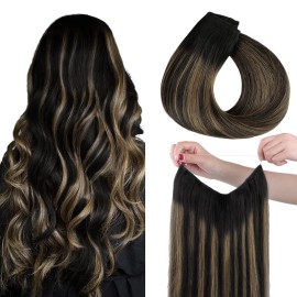 HOTBANANA Wire Hair Extensions, 12 inch 70g Natural Black Mixed Chestnut Brown Fish Line Hair Extensions Real Human Hair Straight Invisible Wire Hair Extensions Remy Hair Extensions