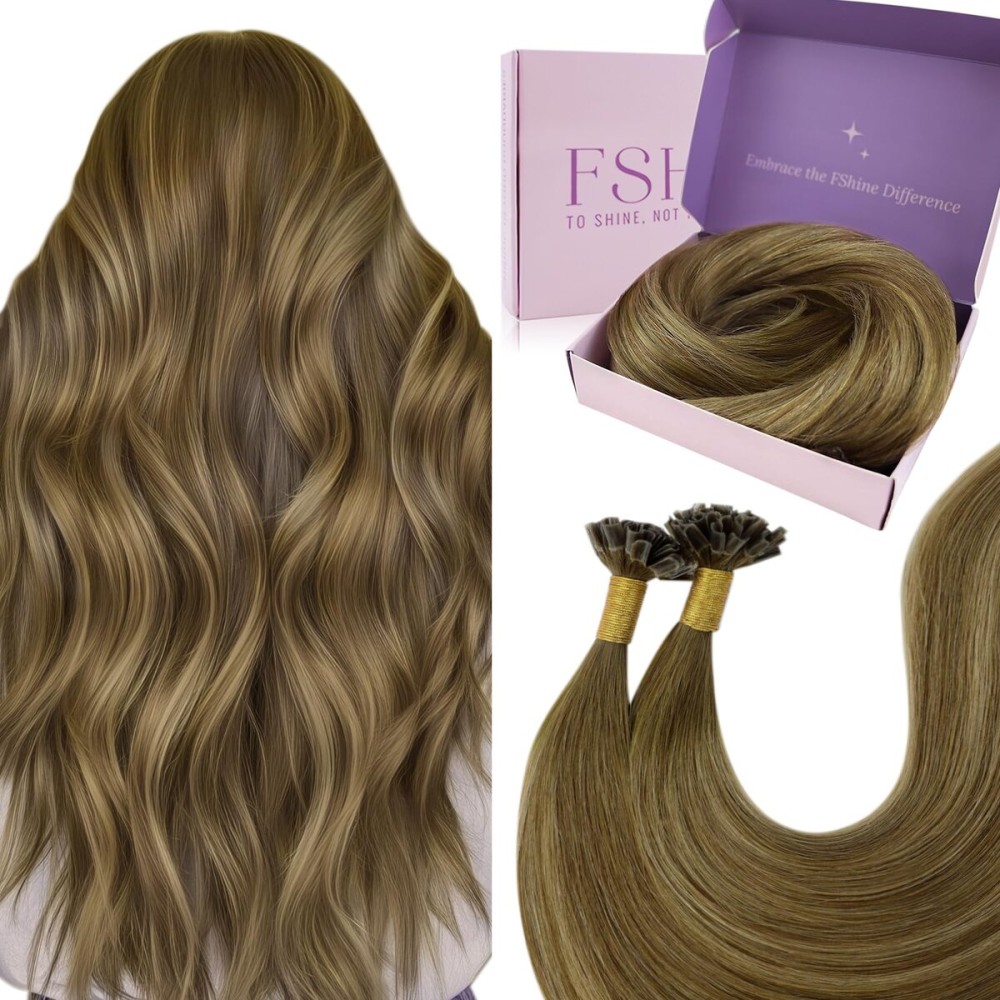 Fshine Keratin U Tip Hair Extensions Real Human Hair, 4/24/4 Remy and Invisible Hot Fusion 14 Inch 50 g, Adds Bright Volume and Length, Perfect for Party Birthday Prom Hairstyles Blends