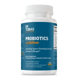 Dr. Tobias Probiotics 30 Billion, 10 Strains, 30 Billion CFU\'s, Targeted Release Probiotics for Women & Men, Supports Digestive Health, Shelf-Stable, Non-GMO, 60 Capsules, 60 Servings