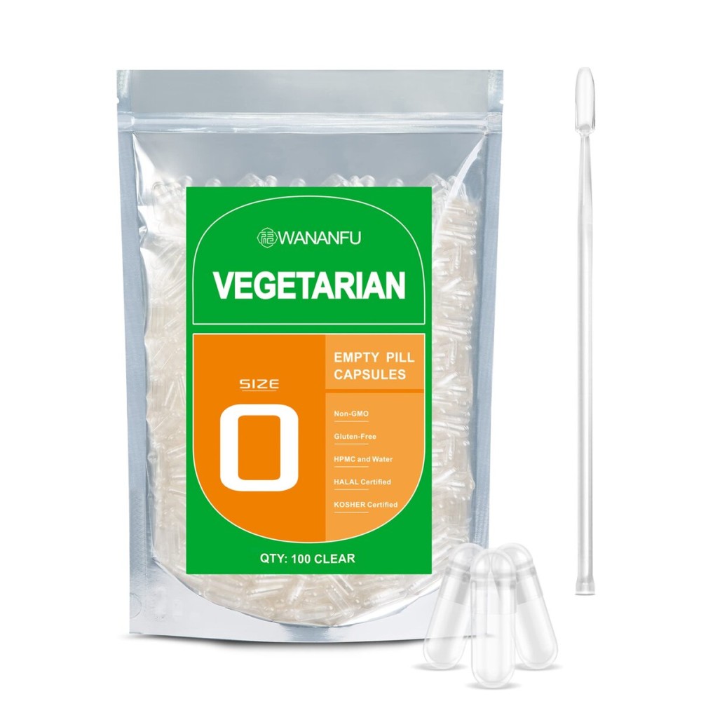 wananfu Size 0 Empty Capsules Vegetarian (100 Count) Bundle with Micro Lab Spoon, Clear Fillable Veggie Pill Capsules Size 0 for Making Your Own Supplements