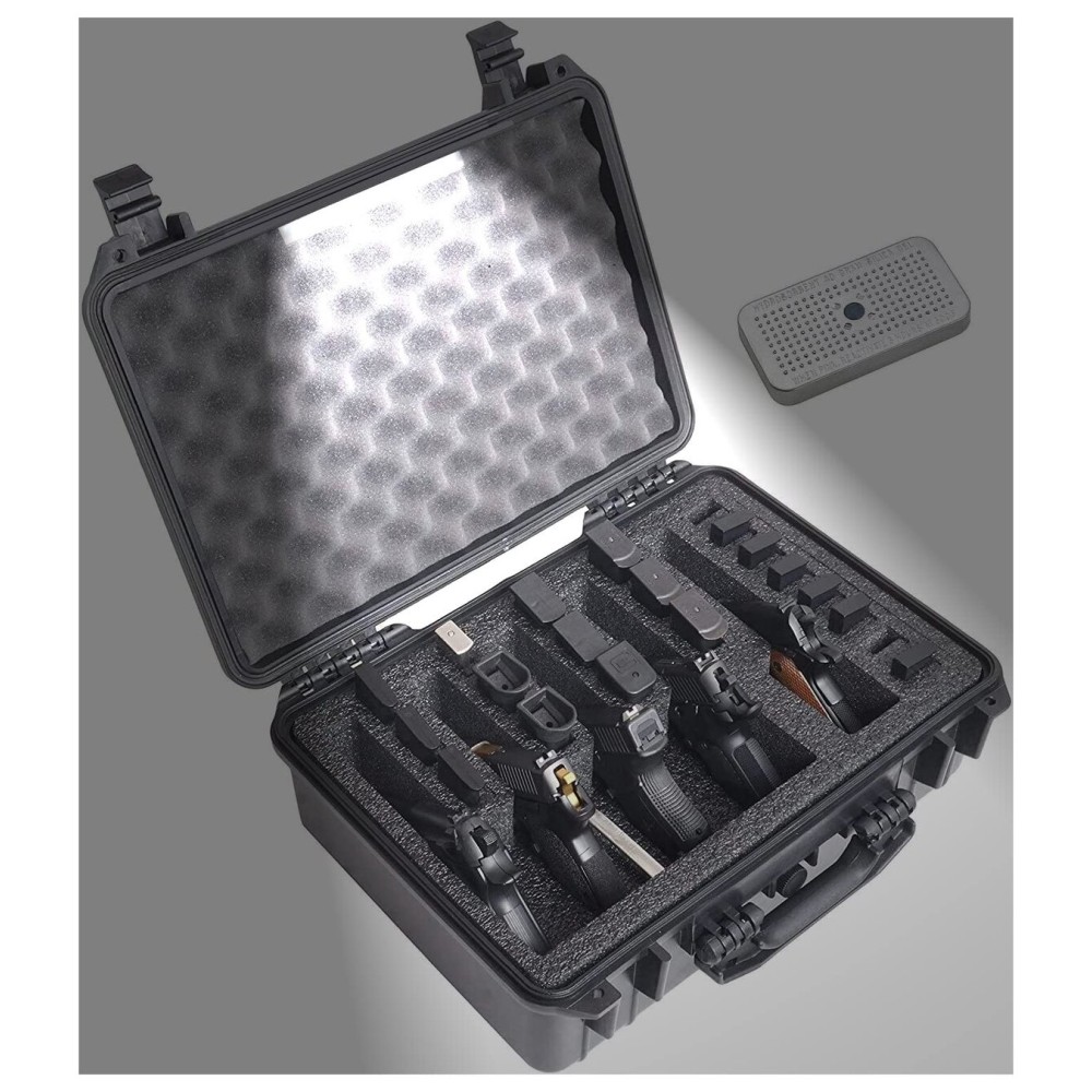 Case Club 5 Pistol and 25 Magazine with Emergency Light - Pre-Cut Heavy Duty Waterproof Case comes with Included Silica Gel Canister to Help Prevent Gun Rust (Lighted)