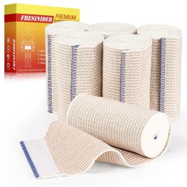 FRESINIDER Premium Elastic Bandage Wrap, 6 Pack 4 Cotton Latex Free Compression Bandage Wrap with Touch Closure at Both Ends, Support & First Aid for Sports, Medical, and Injury Recovery