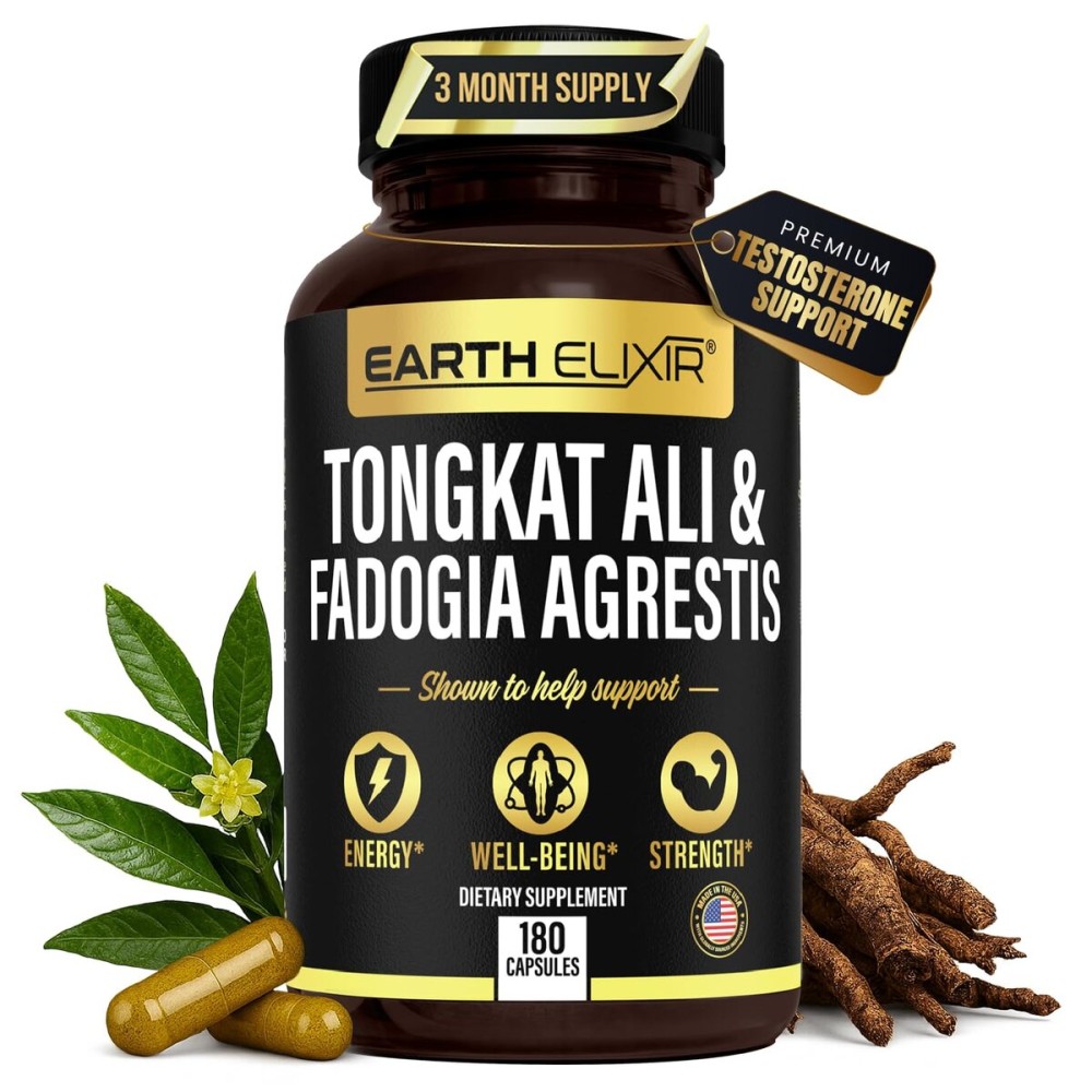 Earth Elixir Fadogia Agrestis & Tongkat Ali for Men & Woman - Natural Testosterone Supplement for Men - Made in USA & 3rd Party Tested - Strength, Energy & Vitality - Longjack - 3 Month Supply
