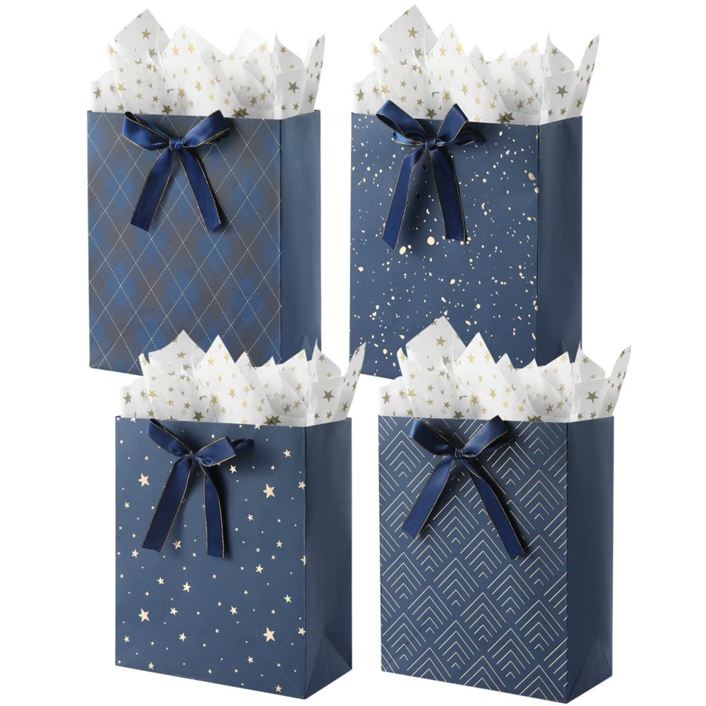 KomoLeay 4 Pack 9 Medium Size Gift Bags Assorted Premium Blue Gift Bags with Tissue Paper Use for Birthdays, Baby Shower,weddings,Party Favor, Holiday Presents-7 X 4 X 9