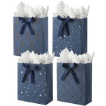 KomoLeay 4 Pack 9 Medium Size Gift Bags Assorted Premium Blue Gift Bags with Tissue Paper Use for Birthdays, Baby Shower,weddings,Party Favor, Holiday Presents-7 X 4 X 9
