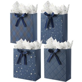 KomoLeay 4 Pack 13 Large Size Gift Bags Assorted Premium Blue Gift Bags with Tissue Paper Use for Birthdays, Baby Shower,weddings,Party Favor, Holiday Presents-10 X 5 X 13