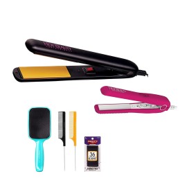 Hot Beauty Ceramic Flat Irons 2-in-1 Value Pack 1 and Mini 1/2 with Free Travel Pouch, 2pcs Combs, Detangling Brush, 36pcs Elastic Band Set