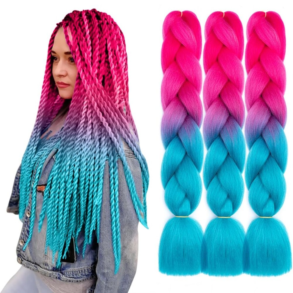AFNOTE Ombre Braiding Hair,3 Pack 24 Inch Colorful Jumbo Braiding Hair Extension,Nature Synthetic Hair Extensions for Braids-Peach Pink to Lake Blue