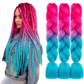 AFNOTE Ombre Braiding Hair,3 Pack 24 Inch Colorful Jumbo Braiding Hair Extension,Nature Synthetic Hair Extensions for Braids-Peach Pink to Lake Blue