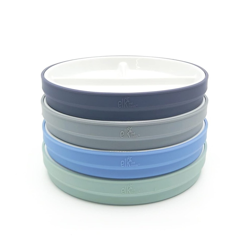 Elk and Friends Kids 6.7 Porcelain Divided Plates with Silicone Sleeves | Suitable for Babies/Kids/Toddlers | Microwave & Dishwasher Safe | Non Slip | Snack Dishes