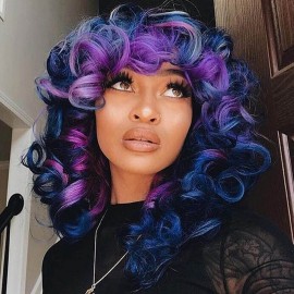 andromeda Short Curly Wigs for Black Women Soft Mixed Blue Purple Big Curly Wig with Bangs Cute Loose Curly Cosplay Party Daily Synthetic Wig for African American WomenMixed Blue Purple
