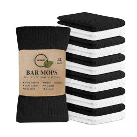 Softolle Bar Mop Towels, Pack of 12-16x19 Inches - 100% Cotton Super Absorbent Towels, Multi-Purpose for Home and Bar Cleaning (White-Black)