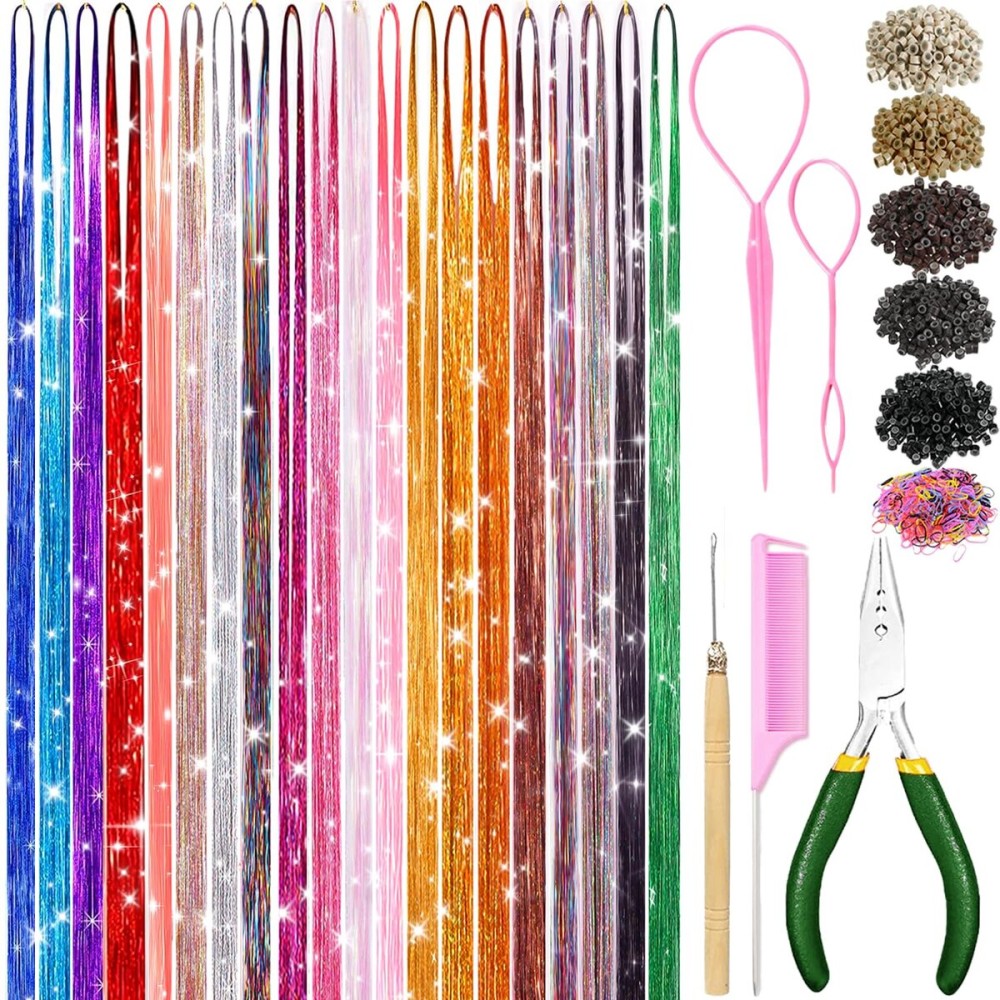 Hair Tinsel Kit With Tool 8600 strands Tinsel Hair Extensions 20 Colors Fairy Hair Tinsel, Sparkling Shiny Hair Tinsel Heat Resistant Highlights Glitter (48 inch)