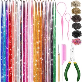 Hair Tinsel Kit With Tool 8600 strands Tinsel Hair Extensions 20 Colors Fairy Hair Tinsel, Sparkling Shiny Hair Tinsel Heat Resistant Highlights Glitter (48 inch)