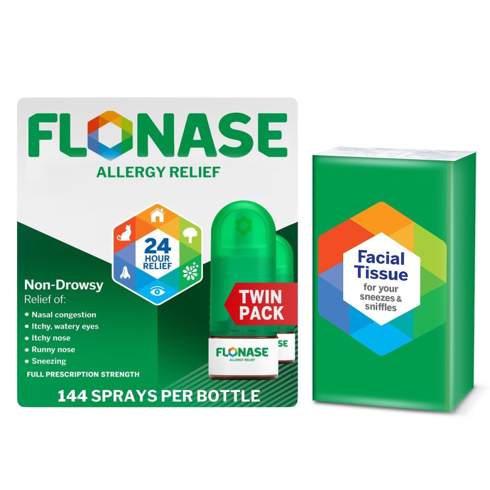 Flonase Allergy Relief Nasal Spray, 24-Hour Non-Drowsy Multi-Symptom Relief 144 Sprays (Pack of 2) plus Bonus Pack of Tissues