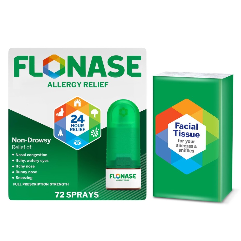Flonase Allergy Relief Nasal Spray, 24-Hour Non-Drowsy Multi-Symptom Relief - 72 Sprays plus Bonus Pack of Tissues