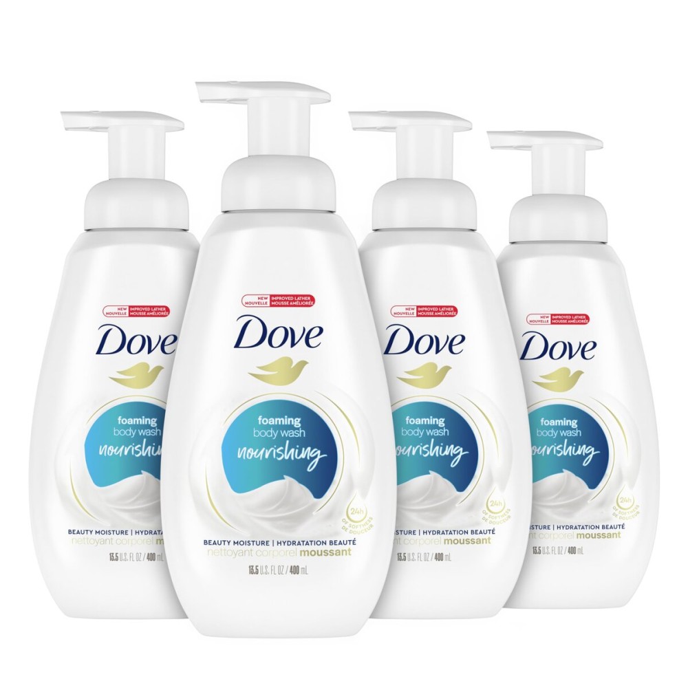 Dove Instant Foaming Body Wash 4 Count for Soft, Smooth Skin Deep Moisture Cleanser That Effectively Washes Away Bacteria While Nourishing Your Skin, White, 13.5 Oz