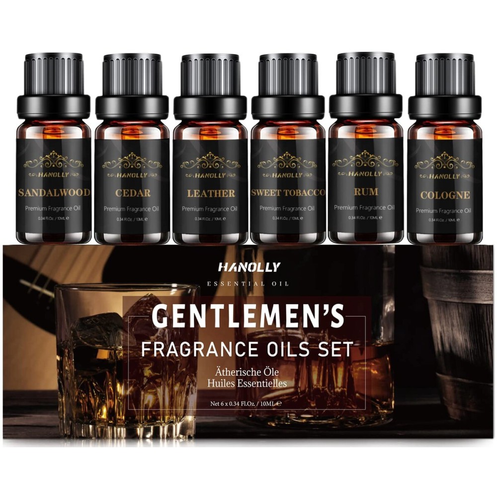 Essential Oils Set, Men Scents Fragrance Oil Aromatherapy Essential Oils Kit for Diffuser (6x10ML) - Sandalwood, Cedar, Leather, Sweet Tobacco, Rum, Cologne Aromatherapy Oils Gift for Men