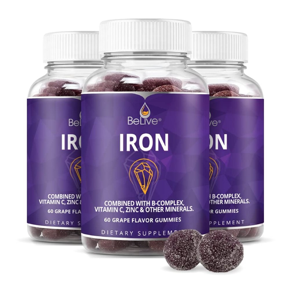 BeLive Iron Gummies - Multivitamin Iron Supplement with Vitamin C, A, B & Zinc, Supports Blood Oxygen, Vegan Supplements for Women, Men & Kids for Growth and Development - Grape Flavor | 3-Pack