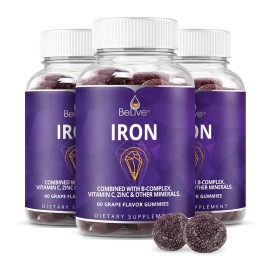 BeLive Iron Gummies - Multivitamin Iron Supplement with Vitamin C, A, B & Zinc, Supports Blood Oxygen, Vegan Supplements for Women, Men & Kids for Growth and Development - Grape Flavor | 3-Pack