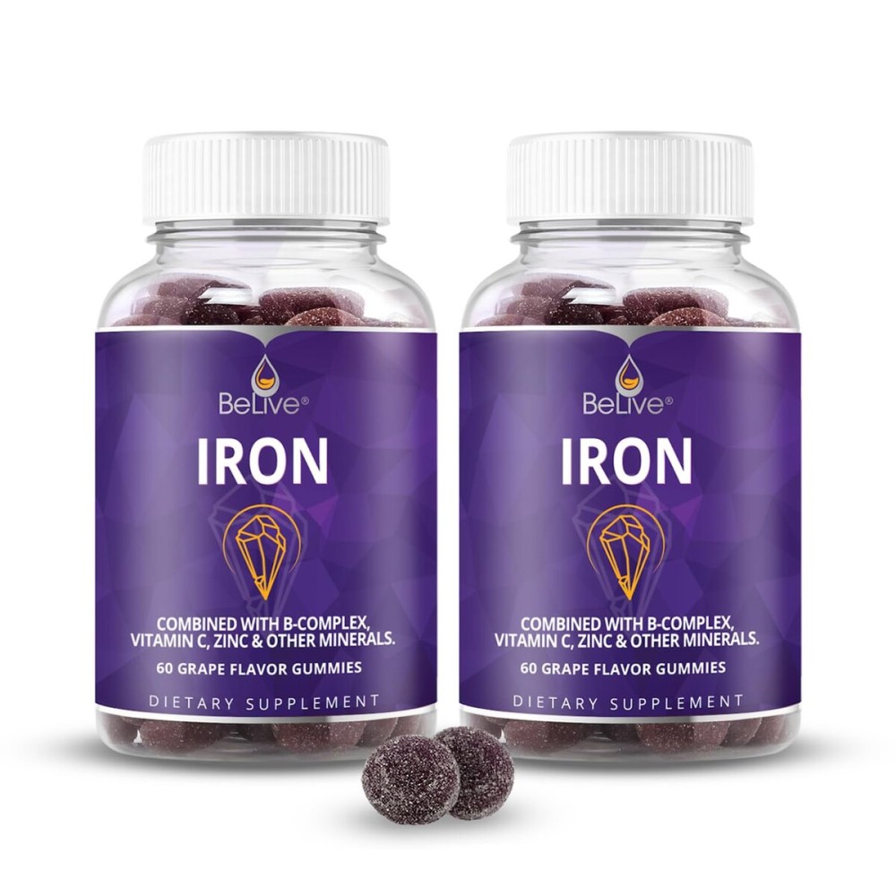 BeLive Iron Gummies - Multivitamin Iron Supplement with Vitamin C, A, B & Zinc, Supports Blood Oxygen, Vegan Supplements for Women, Men & Kids for Growth and Development - Grape Flavor | 2-Pack