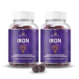 BeLive Iron Gummies - Multivitamin Iron Supplement with Vitamin C, A, B & Zinc, Supports Blood Oxygen, Vegan Supplements for Women, Men & Kids for Growth and Development - Grape Flavor | 2-Pack