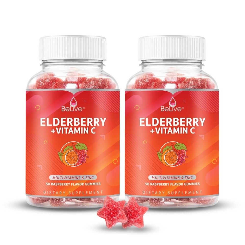 BeLive Elderberry Gummies with Zinc and Vitamin C - Immune Support Supplement with Vitamin D, A, E, B12 - Gummies for Healthy Bones & Teeth, Vegan, Keto & Non-GMO - Raspberry Flavor | 2-Pack