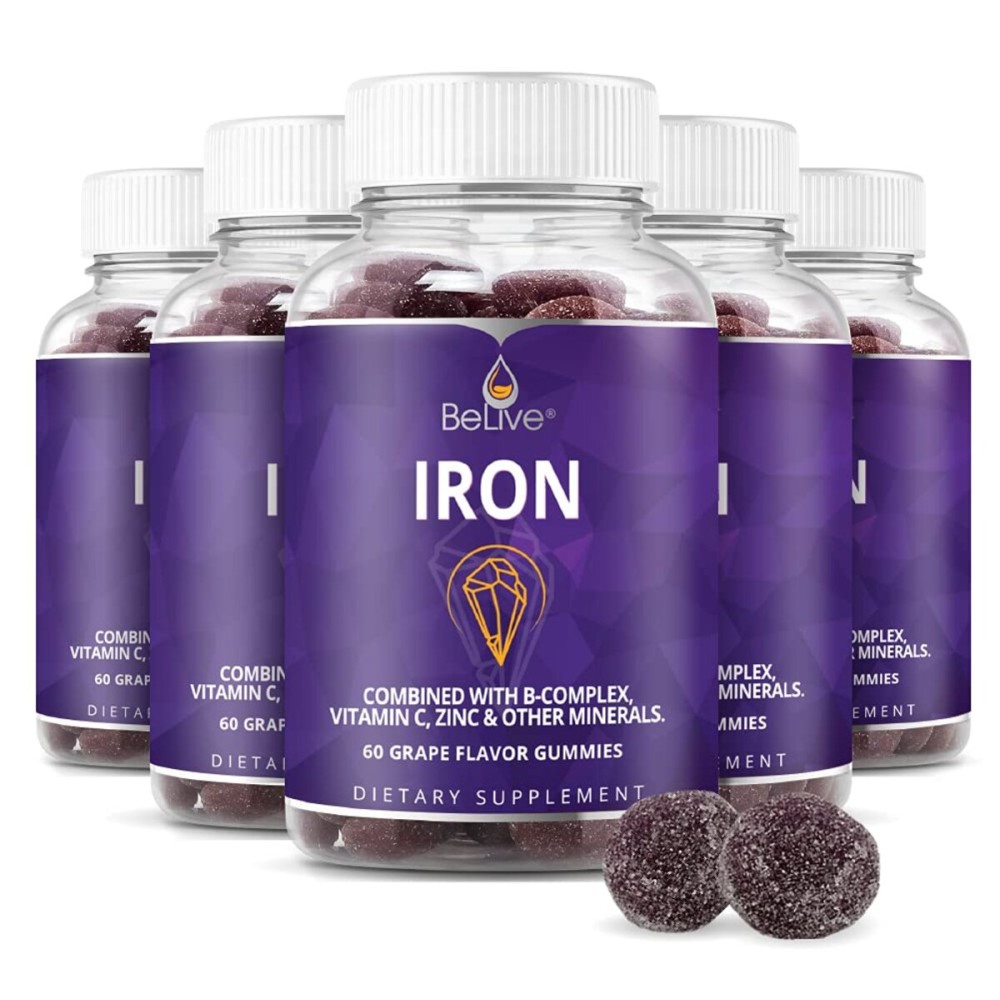 BeLive Iron Gummies - Multivitamin Iron Supplement with Vitamin C, A, B & Zinc, Supports Blood Oxygen, Vegan Supplements for Women, Men & Kids for Growth and Development - Grape Flavor | 5-Pack