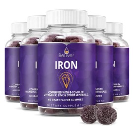 BeLive Iron Gummies - Multivitamin Iron Supplement with Vitamin C, A, B & Zinc, Supports Blood Oxygen, Vegan Supplements for Women, Men & Kids for Growth and Development - Grape Flavor | 5-Pack