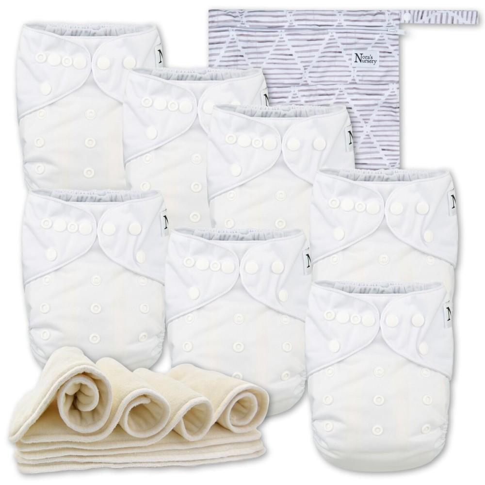 Nora\'s Nursery Cloth Diapers 7 Pack with 7 Inserts & 1 Wet Bag - Waterproof Cover, Washable, Reusable & One Size Adjustable Pocket Diapers for Newborns and Toddlers - Winter White