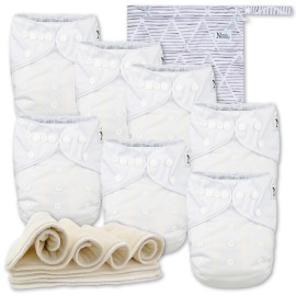Nora\'s Nursery Cloth Diapers 7 Pack with 7 Inserts & 1 Wet Bag - Waterproof Cover, Washable, Reusable & One Size Adjustable Pocket Diapers for Newborns and Toddlers - Winter White