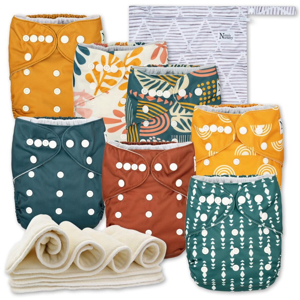 Nora\'s Nursery Cloth Diapers 7 Pack with 7 Inserts & 1 Wet Bag - Waterproof Cover, Washable, Reusable & One Size Adjustable Pocket Diapers for Newborns and Toddlers - The Keys