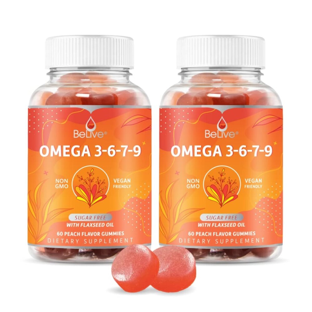 BeLive Organic Omega 3 Gummies - Omega 3 6 9 7 DHA & EPA from Flaxseed Oil & Sea Buckthorn Fruit Oil, Vegan, for Kids & Adults, Full Body, Brain & Eye Support, Sugar Free - Peach | 2-Pack