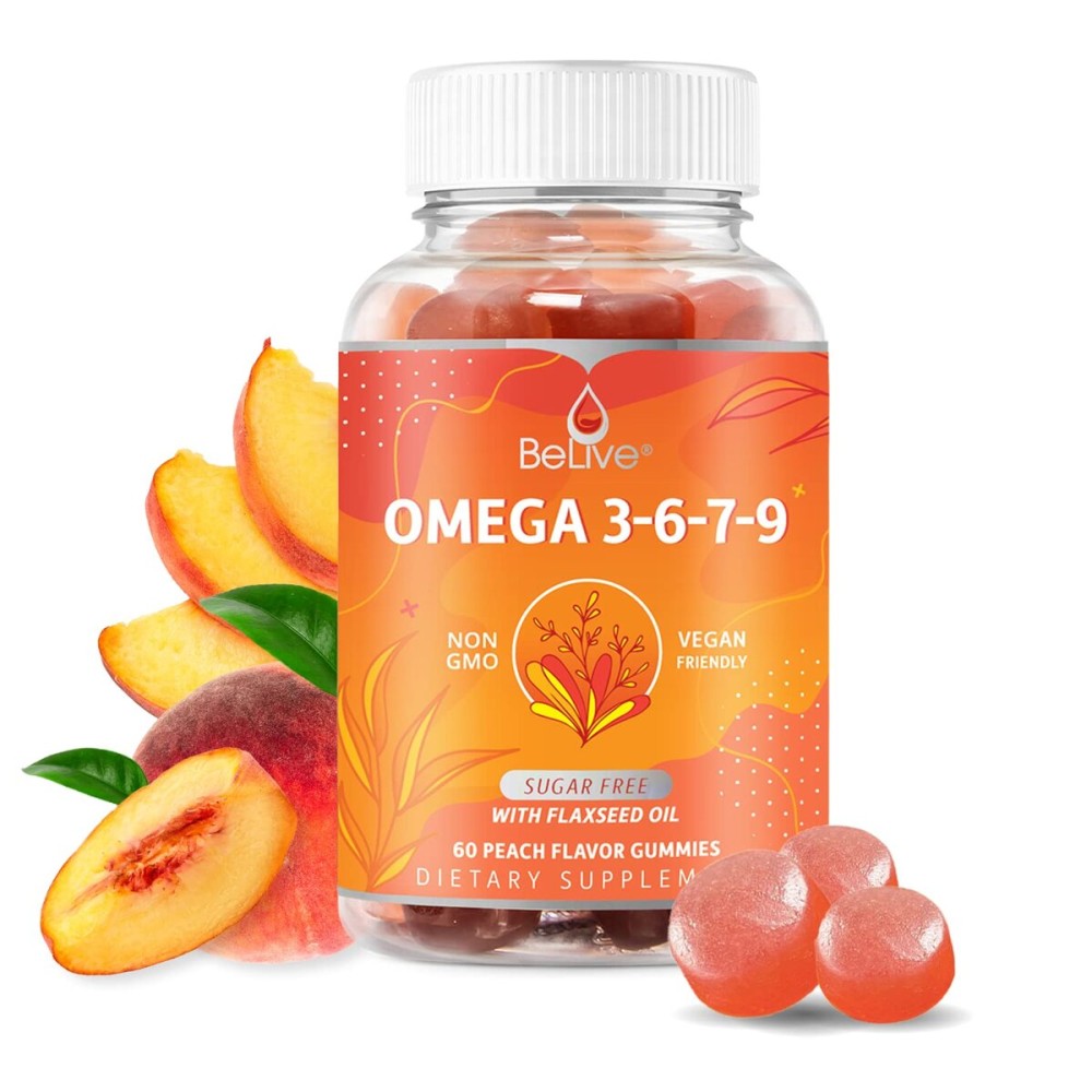 BeLive Organic Omega 3 Gummies - Omega 3 6 9 7 DHA & EPA from Flaxseed Oil & Sea Buckthorn Fruit Oil, Vegan, for Kids & Adults, Full Body, Brain & Eye Support, Sugar Free - Peach | 5-Pack